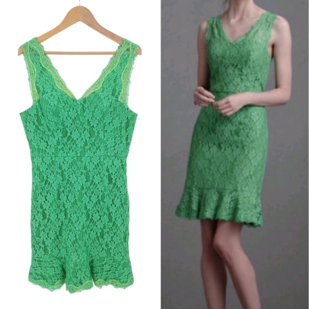 McGinn Floral Lace Ruffle Above Knee Sheath Dress Cocktail Kelly Green